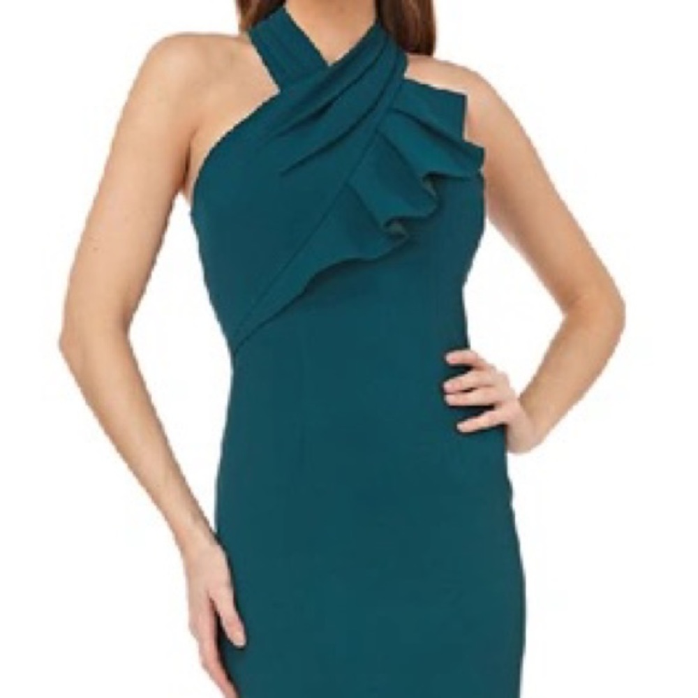 Black Carmen Marc Valvo Ruffle Neck Sheath Dress Sz 4